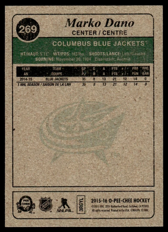 2015-16 O-Pee-Chee Retro Marko Dano Columbus Blue Jackets #269 - Image 2 of 2