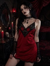 Vintage Val Mode Red Satin Slip Large Dress Black Lace Lingerie Nightgown goth