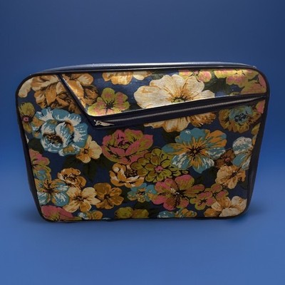 VTG Bantam Travelware Fabric Vinyl Suitcase Luggage Floral Blue Handle