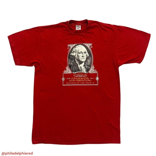 Red vintage 1990s T-shirt with U.S. Mint Bureau of Engraving and Printing seal featuring George Washington’s profile.
