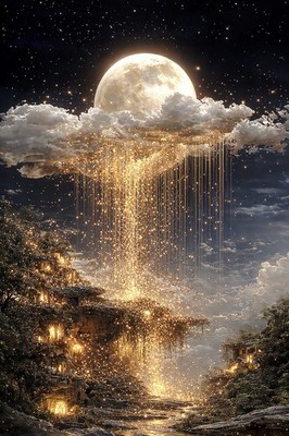 Golden Rain Fantasy Moon Art Print Celestial Night Sky Gold Light Wall Art