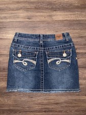 Justice Jeans Y2K Dark Wash Denim Mini Skirt Embroidered Pocket Jean Skirt
