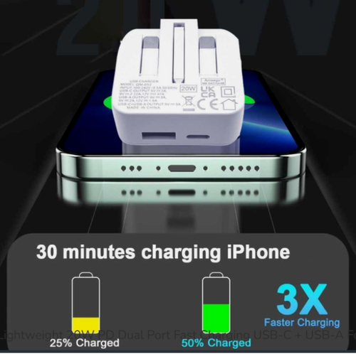 Slimline Ligero 20W PD Doble Puerto Carga Rápida USB-C + USB-A Enchufe Plegable - Imagen 4 de 10