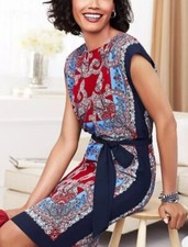 Talbots Dress Medium Blue Red Paisley Scarf Print Shift Sleeveless Size M Petite