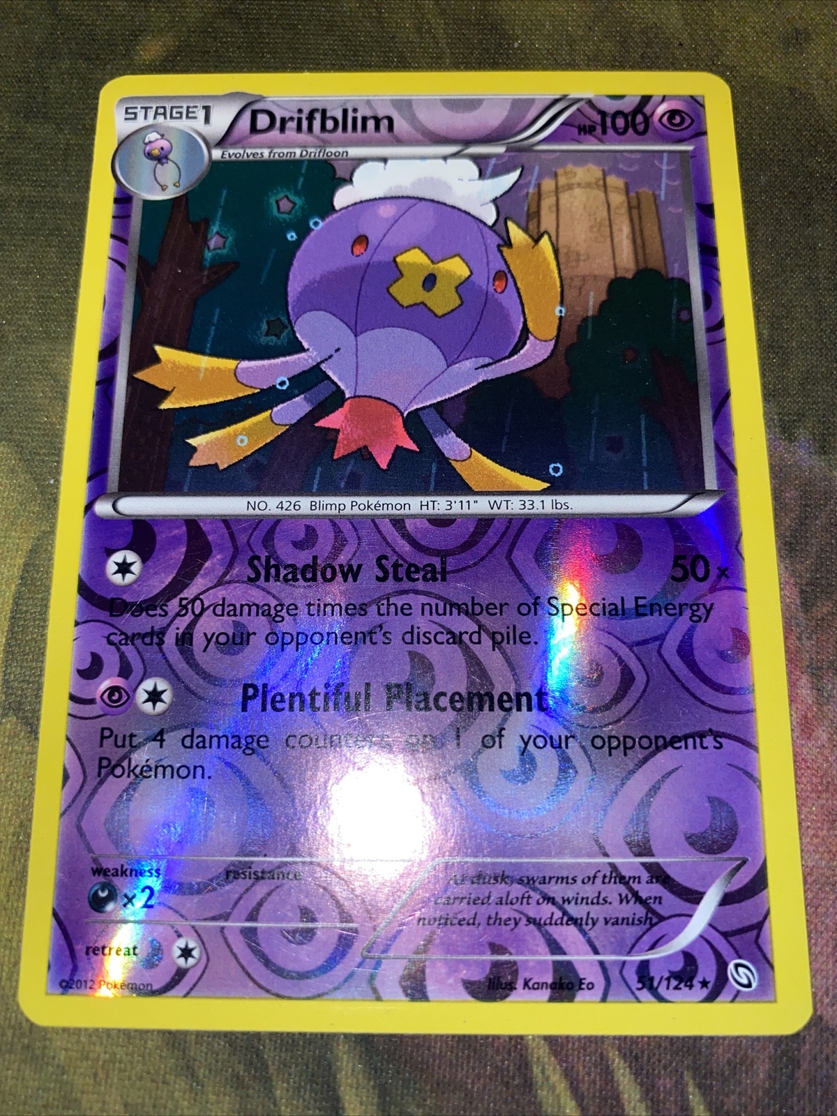 Pokemon Card Drifblim 51/124 Dragons Exalted Reverse Holo Rare Near Mint