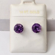 Solid 14K White Gold  Round Natural Amethyst Gemstones Stud Earring NEW