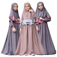 Muslim Kids Girls Kaftan Long Dress Burqa Khimar Hijab 2Piece Abaya Islamic Robe