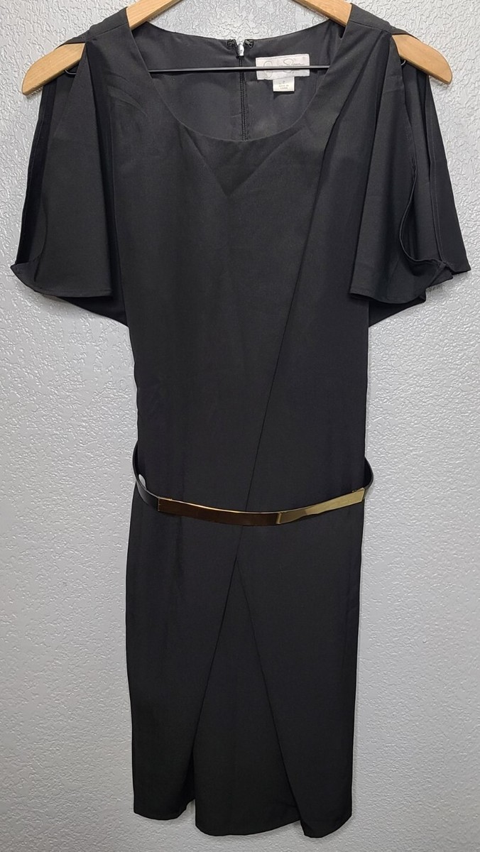 Jessica Simpson Black Dress Overlay Detail Gold Belt Split Shoulder Sleeve Sz 2