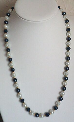 GLASS PEARL NECKLACE 8mm 1/3" NAVY BLUE & WHITE CHOICE of LENGTHS & CLASPS - Picture 2 of 6