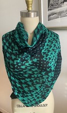 Vintage Women  s Scarf Green, Navy Polka Dots/Geometric Fringe 71  L X 38  W
