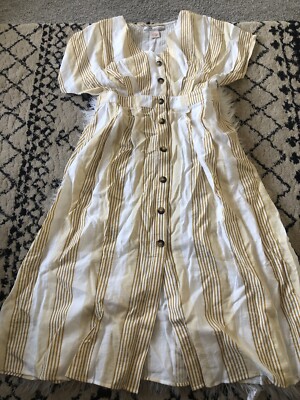 A. Calin by Flying Tomato Striped Dress Button Up V Neck Ivory Mustard Large T4