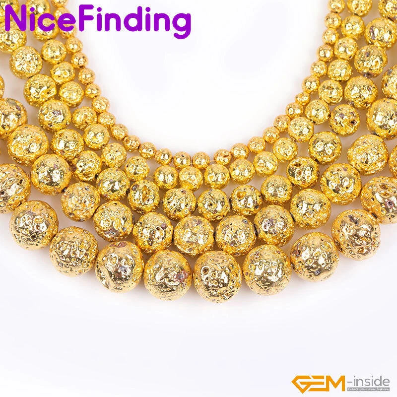 Cuentas redondas de piedra de roca volcánica recubiertas metálicas doradas para hacer joyas 15" Foto 3 de 4