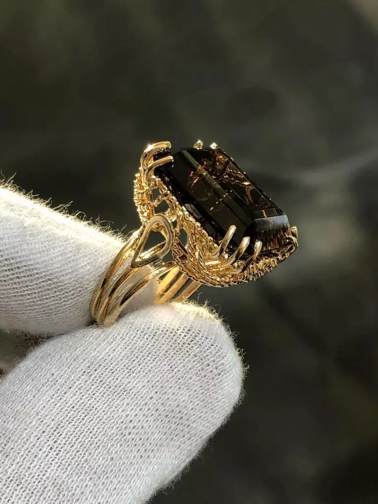 14k Yellow Gold Natural Smoky Topaz Large Emerald Cut Cocktail