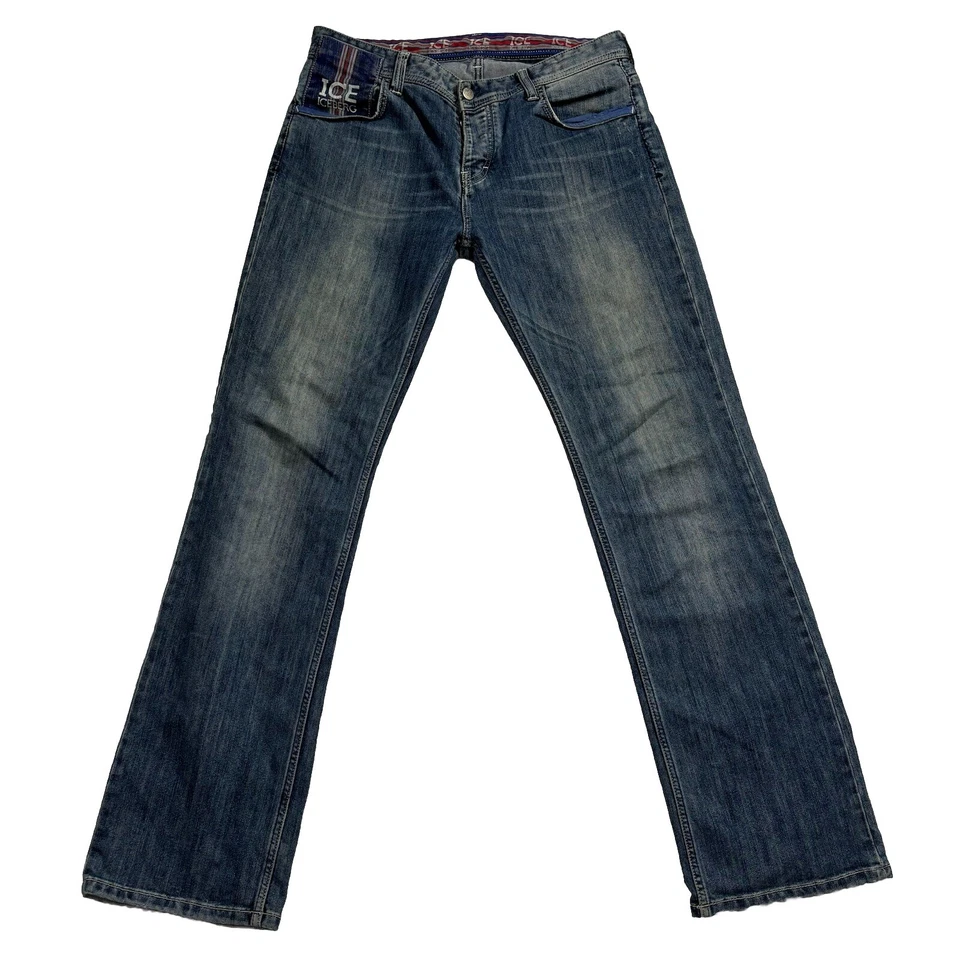 VTG Y2K ICE Iceberg Mens Sz 33 (35x34) Blue Denim Jeans Logo Straight Gilmar - Image 2 of 4