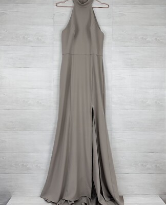 Amsale Size 10 Cora Evening Gown Formal Dress in Stone Gray High Neck Fit Flare