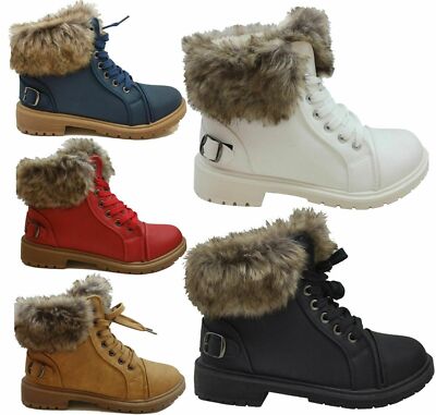 Ladies Winter Ankle Boots Womens Army Combat Flat Grip Sole Fur