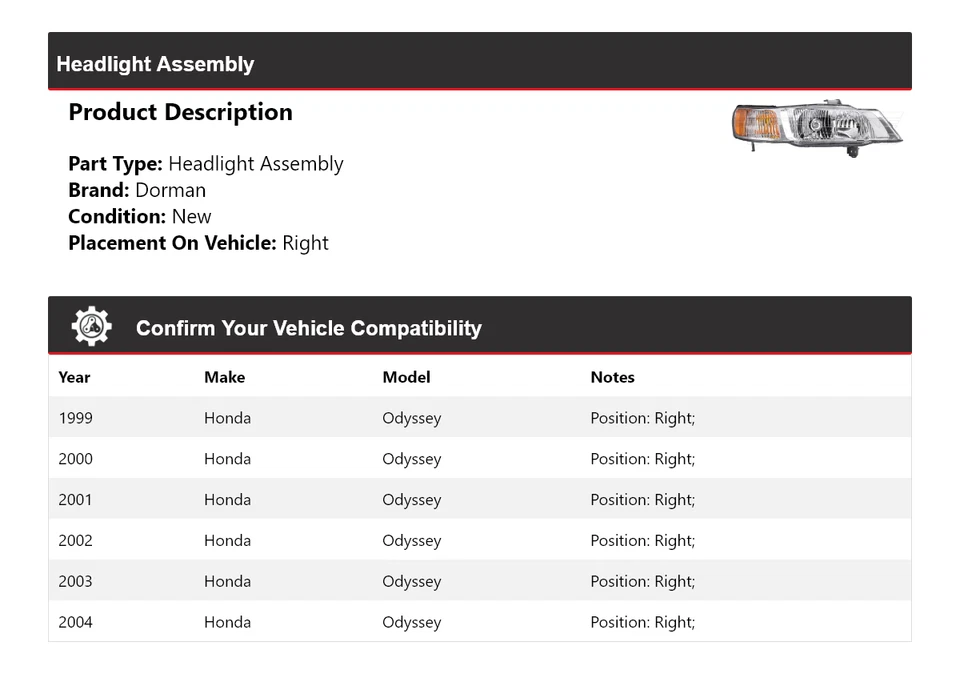 Conjunto de faros derecho para Honda Odyssey Dorman 1999-2004 2000 2001 2002 2003 Foto 2 de 4