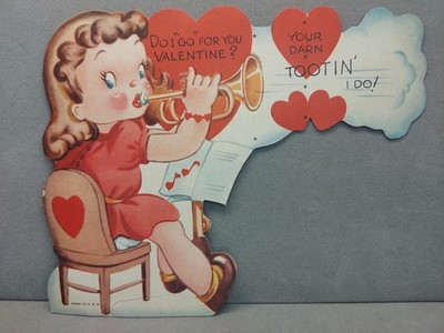 Vintage Die Cut Valentines Day Card Darn Tootin I Do Girl Playing Trumpet Used