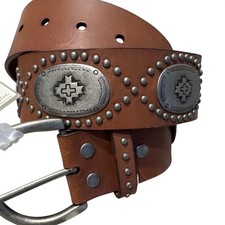 Women's western-style leather concho belt silver-tone studs oval conchos L NWT