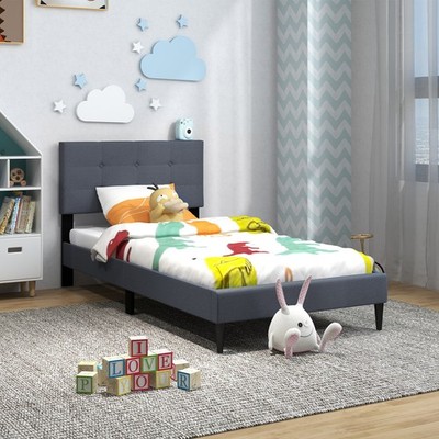 Twin Upholstered Platform Bed Mattress Foundation Button Tufted Headboard Gray