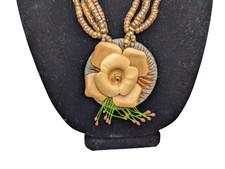 Leather & Wood Beaded Floral Necklace with Hook Closure