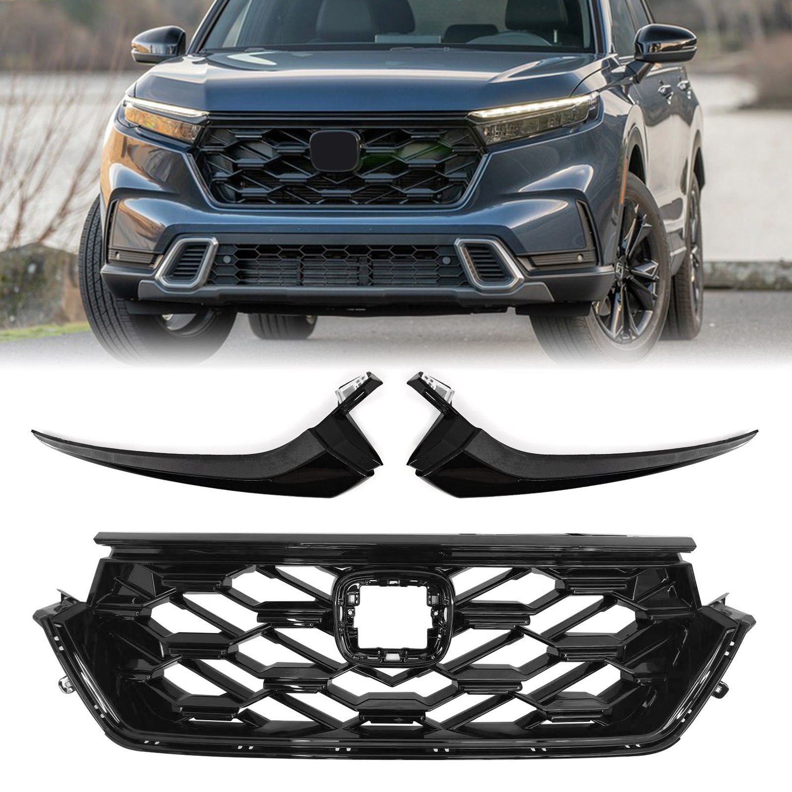 Front Upper Grille & Headlight Trim Molding For 2023-2024 Honda CRV Sport Hybrid