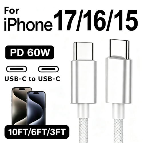 Type C to USB-C Cable PD 60W Fast Cord Charger For iPhone15 Plus 16e 17 Pro Lot - Picture 2 of 18