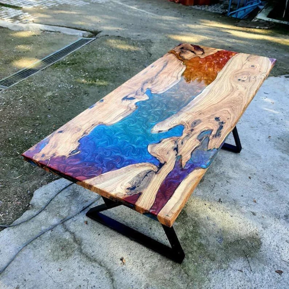 Custom Rainbow Epoxy Resin Dining Table Multi-Color Live Edge Wood Coffee Table - Image 3 of 4