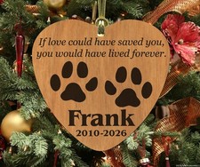 Personalized Pet Memorial Ornament - Wooden Keepsake for Dog or Cat - Love Saved