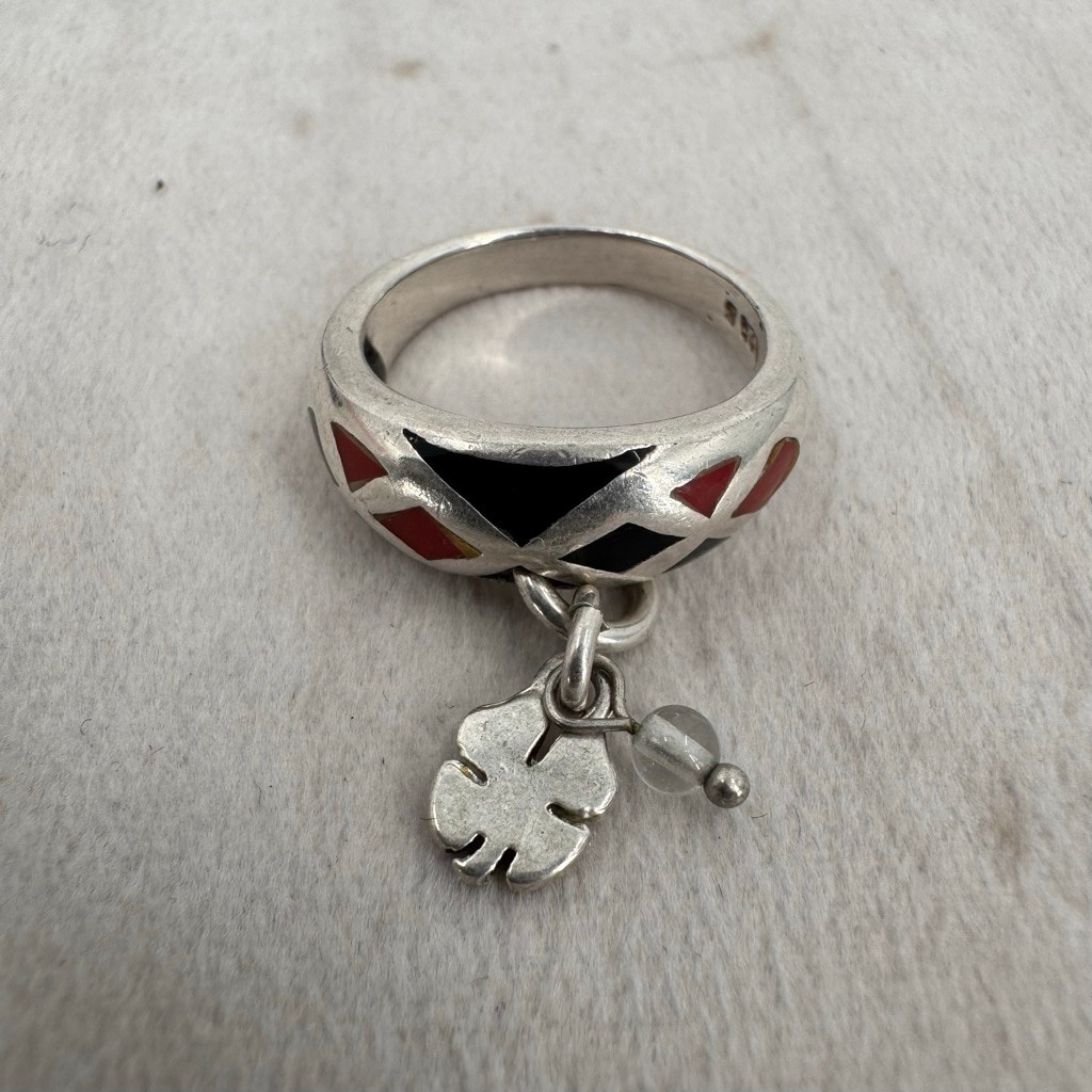 Sterling Silver Ring Rust Orange Black Clover & B… - image 2