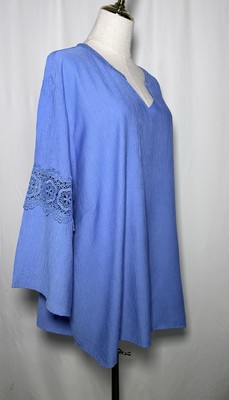 Ruby Rd Tunic Top Shirt Blouse Women 2X Long Sleeve Blue Embroidered V-Neck $64