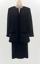 Valentino Boutique Black Vertical Stripe Velvet Trim Skirt Suit SILK Lined Sz. S