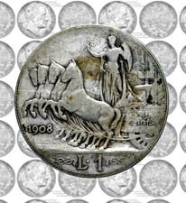 Italia 1 lira 1908 Quadriga Veloce Regno V.E. III Argento Antica Patina Rara qBB