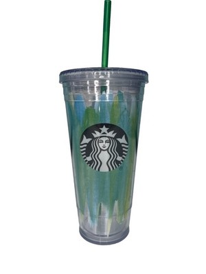 STARBUCKS Blue Green Paint Strokes 20oz Cold Cup Tumbler Green Straw