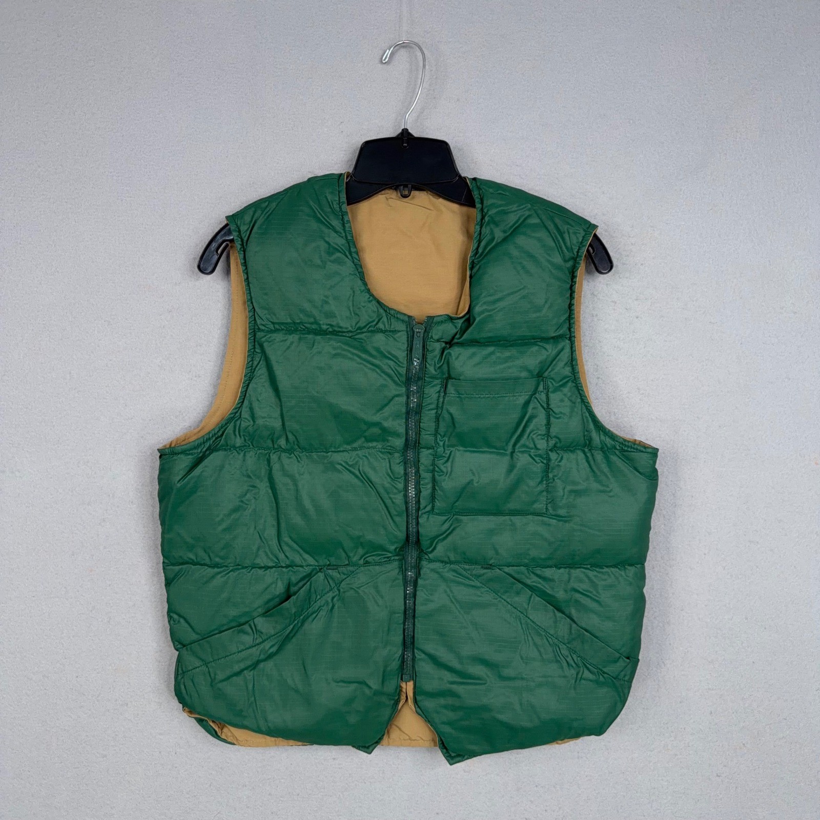 Eddie Bauer Vest Mens Medium Green Tan Reversible Goose Down Canvas Puffer