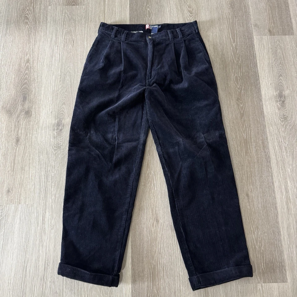 Vintage Chaps Ralph Lauren Black Baggy Pleated Cuffed Corduroy Pants Size 34x30 - Image 2 of 4
