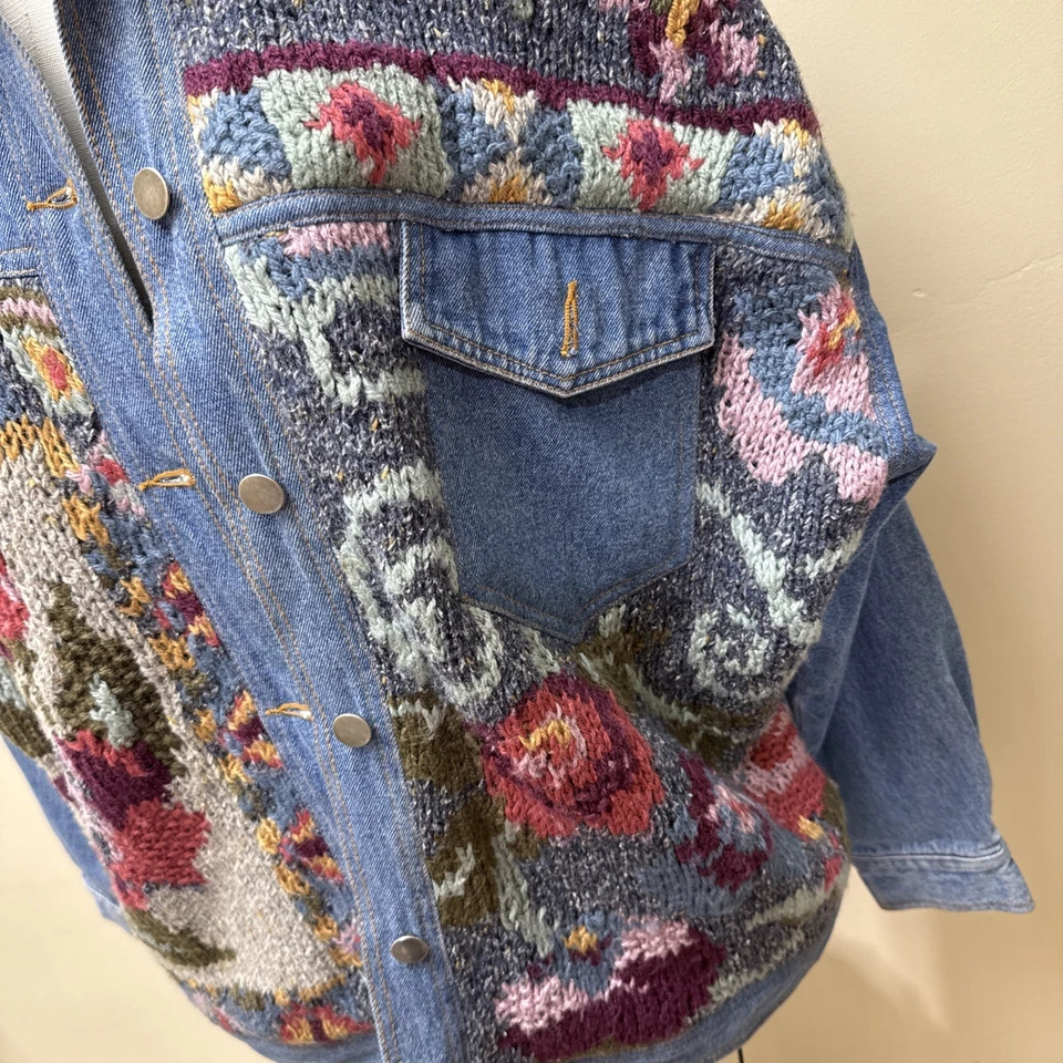 Vintage Together Denim Jacket L Floral Knit Appliqué Oversized 80s 90s Jean Coat - Image 3 of 4