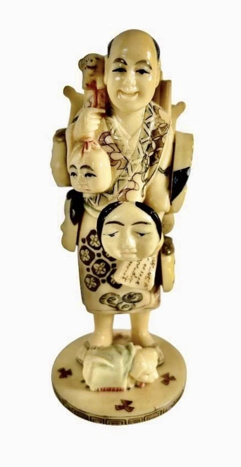 Подписанная японская нэцкэ «Продавец масок» — стоящая фигурка со многими масками - Изображение 2 из 4