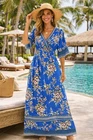 Flying Tomato Womens Maxi Dress Size Medium Blue Floral Bohemian Resort Summer