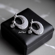 925 Sterling Silver Men & Women Half Moon Earring Rhodium Plated CZ Studded Hoop