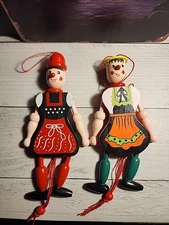2 - Vintage Wooden Pull-String Puppets German Figurines Christmas Ornaments New