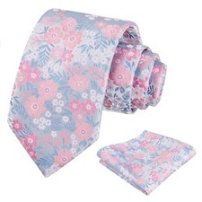 Mens 3.15'' Natural Flower Pattern Tie with Floral Pocket 146-light Blue pink