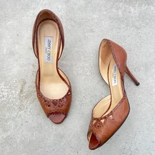 Jimmy Choo | Authentic Vintage Brown Leather Python Peeptoe D'Orsay (37.5)