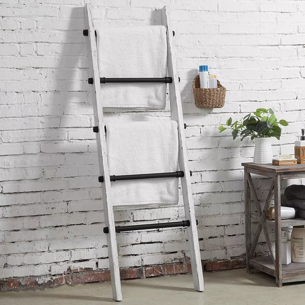 White wooden towel ladder clearance