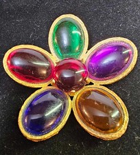 Gripoix Style Goldtone Brooch Pin w Multicolor Stones Large 2.5"- S8