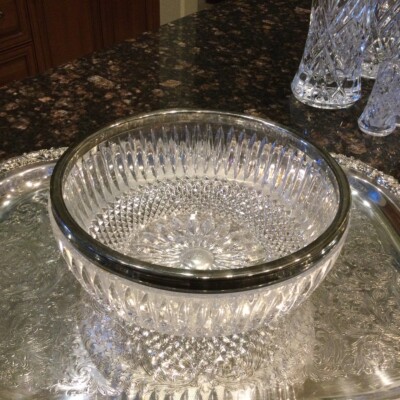 Vintage Germany Leaded Hand Cut Crystal Bowl w/Silver Plate Rim
