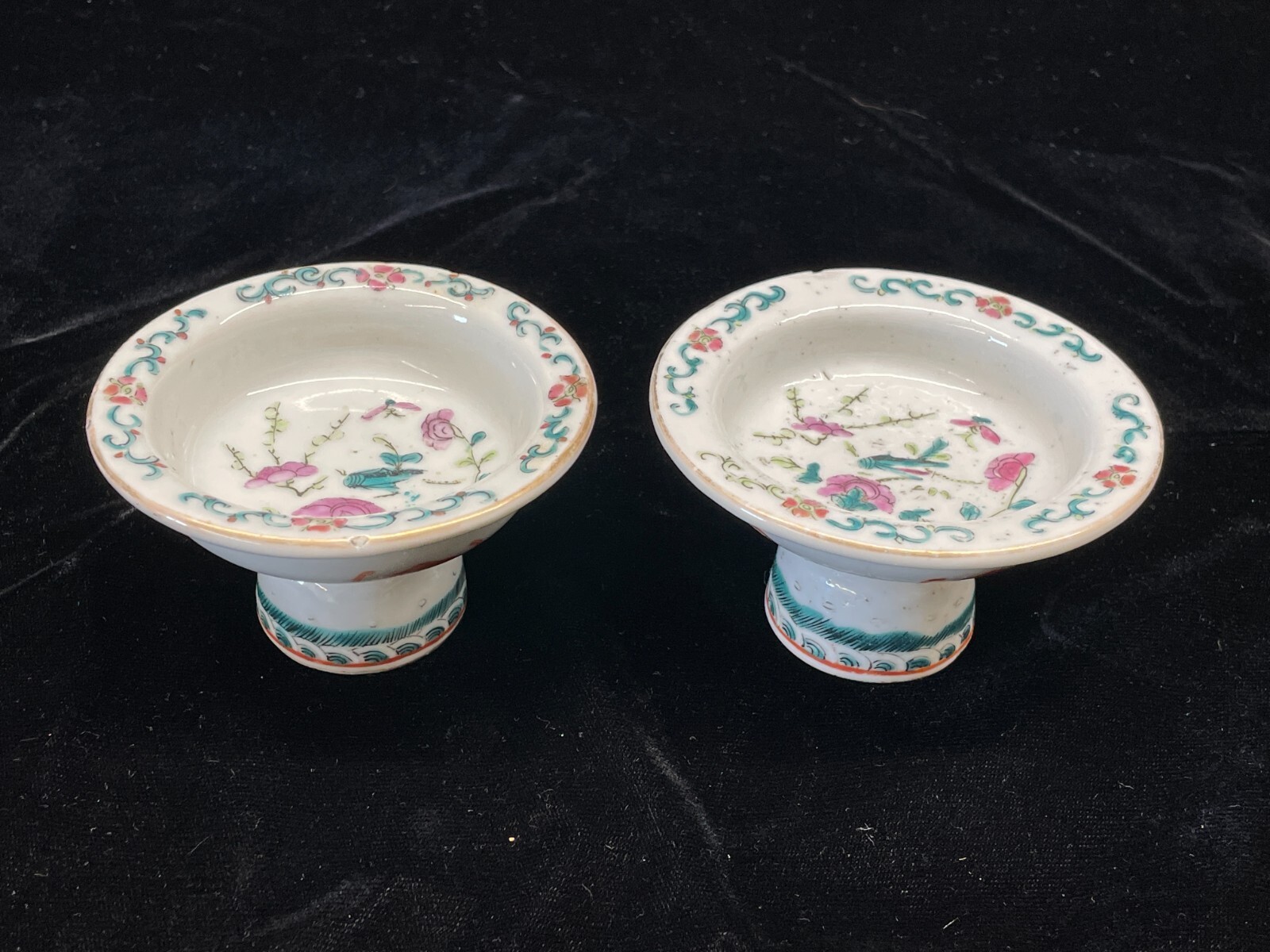 Pair of Antique Chinese Porcelain Famille Rose Tazza Footed Cups