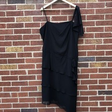 David's Bridal Womens 18 Black Below Knee Dress Chiffon Asymmetrical Tiered Sash