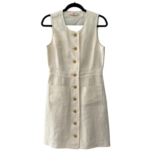 tory burch linen button dress Tory Burch 2 Navy Blue Linen Button Front Sleeveless Shift Dress