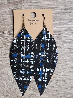 Handmade GENUINE Leather Feather Earrings Black Blue White Tweed Pattern 3''
